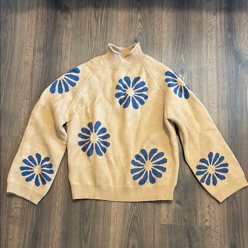 Tan Sweater with Blue Floral Design
